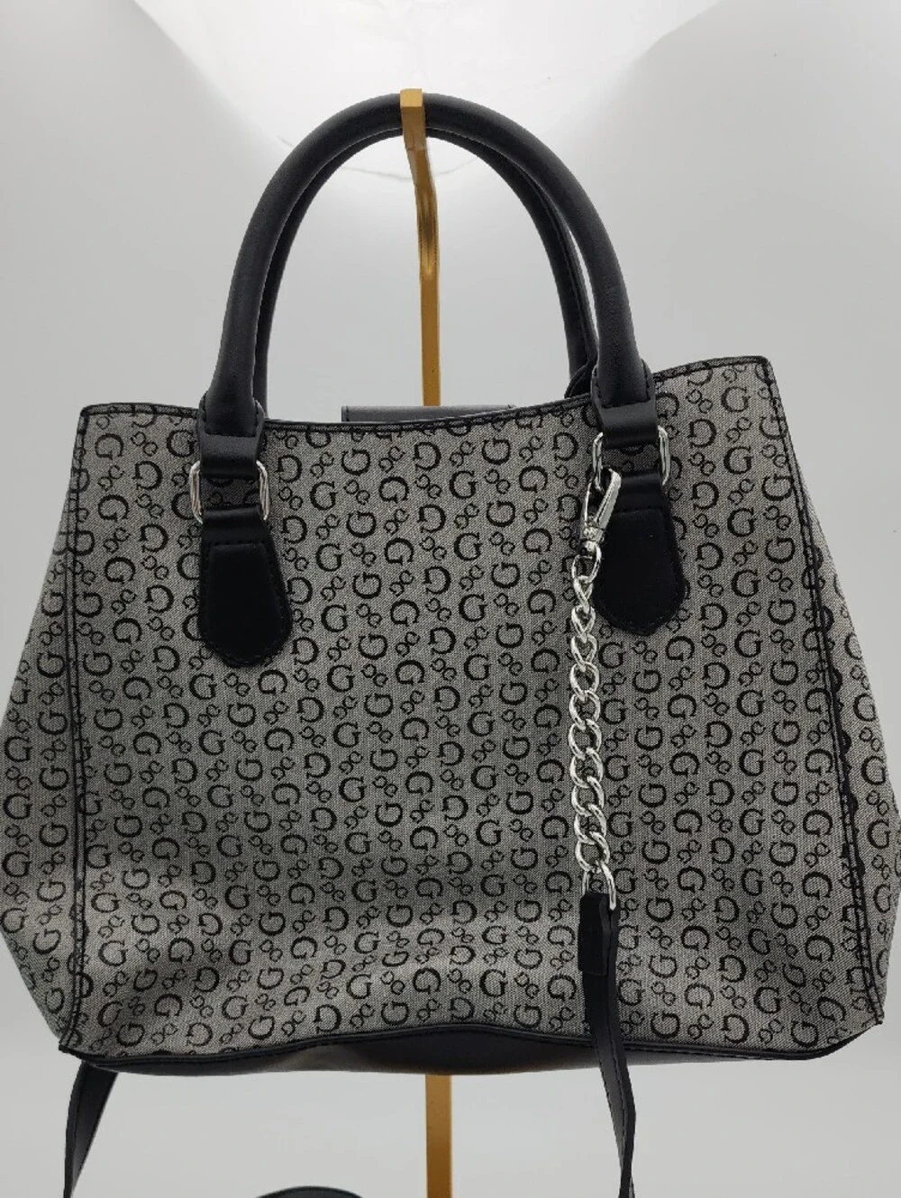 Guess Black & Gray Signature Satchel with Chain Charm